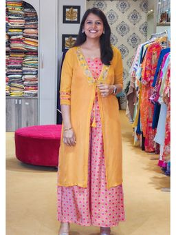 Pink Tree - Mustard Organza Printed Jacket with Top with Pant
