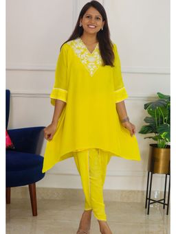 Pink Tree - Yellow Crepe Thread Work Top with Pant Co-Ord