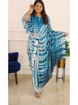 Pink Tree - Blue Chinon Thread Work Tie Dye One Side Cape Pattern Dress with Belt