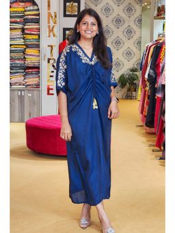 Pink Tree - Blue Satin Zardosi Hand Work Thread Work Kaftan Dress