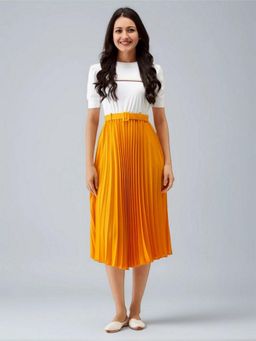 Twenty Dresses by Nykaa Fashion - Womens Yellow Solid Crepe Calf Length Dress with Belt