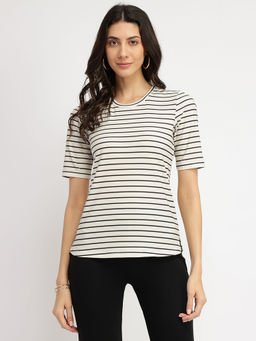FableStreet - Striped Round Neck T-Shirt - Black and White