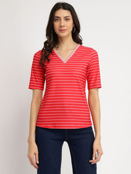 FableStreet - Striped V-Neck T-Shirt - Red