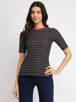 FableStreet - Striped Crew Neck T-Shirt - Black