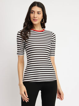 FableStreet - Striped Crew Neck T-Shirt - White and Black