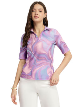 FableStreet - Marble Print Polo T-Shirt - Lavender