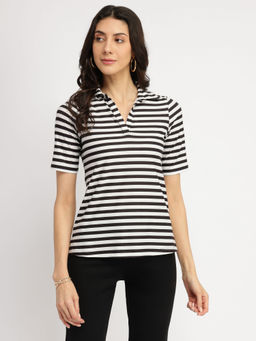 FableStreet - Striped Polo T-Shirt - Black