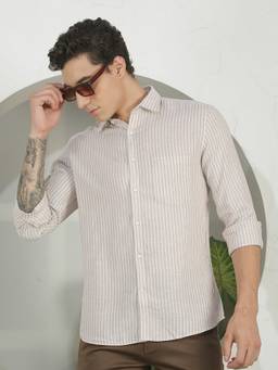 CRIMSOUNE CLUB - Men's Beige Vertical Stripes Shirt