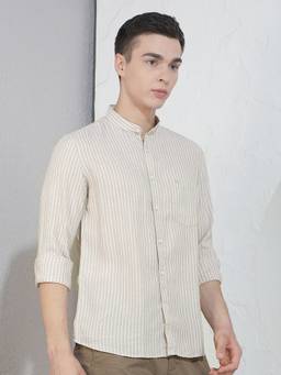 CRIMSOUNE CLUB - Men's Beige Vertical Stripes Mandarin Neck Shirt