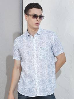 CRIMSOUNE CLUB - Men's Blue Printed Linen Shirt