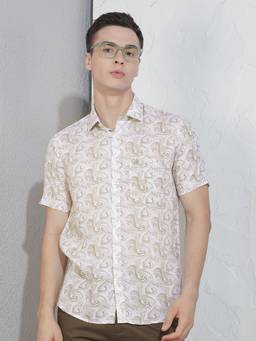 CRIMSOUNE CLUB - Men's Beige Printed Linen Shirt