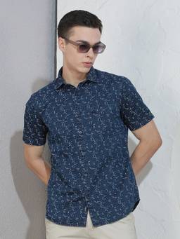 CRIMSOUNE CLUB - Men's Blue Floral Print 100% Cotton Shirt