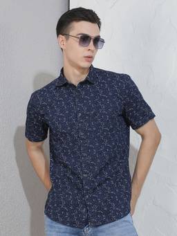CRIMSOUNE CLUB - Men's Navy Blue Floral Print 100% Cotton Shirt