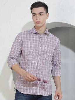 CRIMSOUNE CLUB - Men's Purple Checked 100% Cotton Shirt