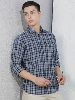 CRIMSOUNE CLUB - Men's Navy Blue Checked 100% Cotton Shirt