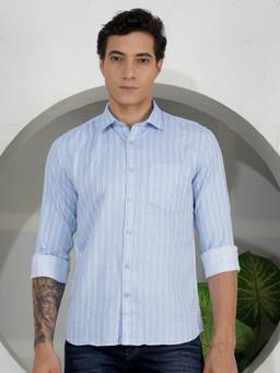 CRIMSOUNE CLUB - Men's Sky Blue Vertical Stripes Shirt