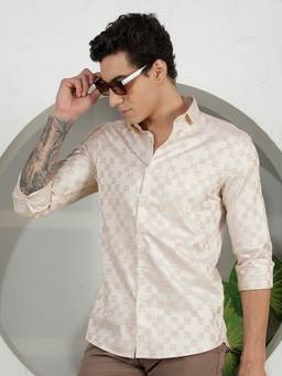 CRIMSOUNE CLUB - Men's Beige Checked 100% Cotton Shirt