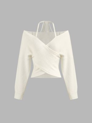 Cider Knitted Halter Neckline Solid Knotted Long Sleeve Top
