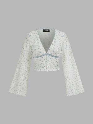 Cider V-neck Floral Lace Long Sleeve Crop Blouse