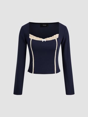 Cider U-neckline Solid Bowknot Contrasting Binding Crop Top