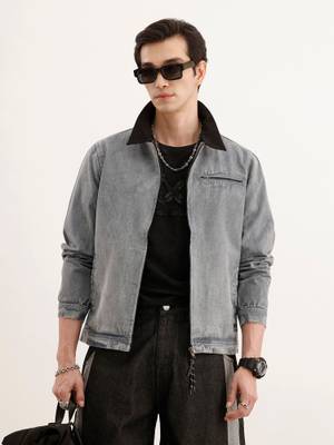 Buy WROGN Blue Regular Fit Zipper Denim Jacket - Image 1