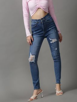 SHOWOFFFF - Women's Mildly Distressed Skinny Fit Blue Denim Jeans