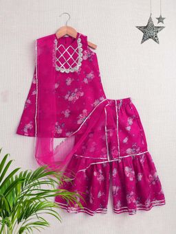 The Magic Wand - Gota Lace Embellished Kurta & Sharara With Dupatta-Blue (Set of 3)