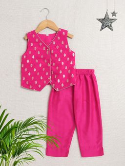 The Magic Wand - Bootie Lace Embellished Waistcoat and Pant For Girls-Fuchsia (Set of 2)