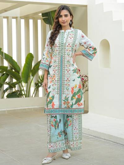 Aqua Floral Three Fourth Sleeves Co-Ord Set