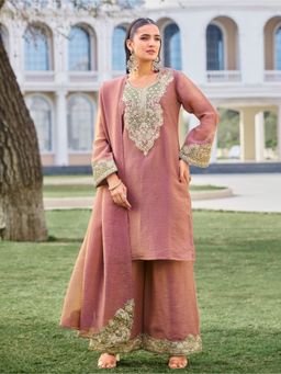 Autumnlane - Pink Embroidered Full Sleeves Kurta Palazzo With Dupatta