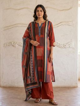 Autumnlane - Swades Garnet Cotton Printed Kurta with Pant & Dupatta