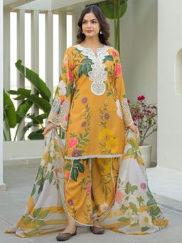Autumnlane - Dagdai Canary Lace Work Kurta and Pant with Dupatta