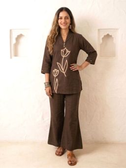 Autumnlane - Women's Embroidered Brown Co-Ord Set