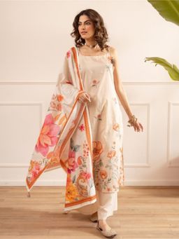 Autumnlane - Cream Floral Shoulder Straps Kurta Palazzo with Dupatta