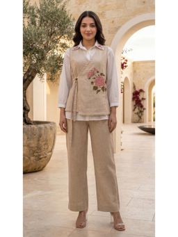 Autumnlane - Beige Embroidered Collar Neck Shirt Pant with Jacket