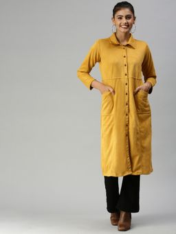 SHOWOFF - Women Spread Collar Long Sleeves Mustard Solid Jacket