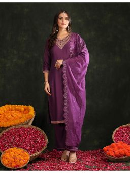 Bani Women - Purple Embroidered Kurta with Straight Pants and Dupatta