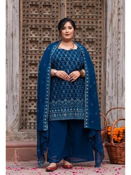 Desi Noor - Plus Size Teal Blue Embroidered Kurta with Sharara and Dupatta