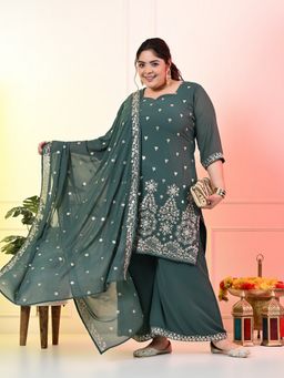 Desi Noor - Plus Size Sea Green Embroidered Kurta with Sharara and Dupatta