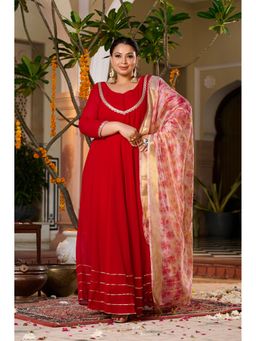 Desi Noor - Plus Size Red Anarkali Kurta with Digital Printed Dupatta