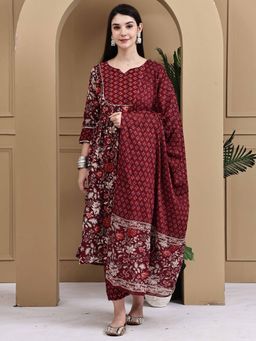 Rajnandini - Women Maroon Pure Cotton Floral Printed Anarkali Kurta and Pant with Dupatta