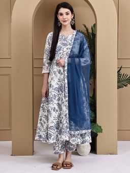 Rajnandini - Off White Cotton Floral Printed Anarkali Kurta and Pant with Dupatta