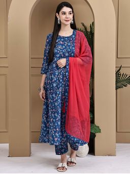 Rajnandini - Women Blue Cotton Floral Printed Anarkali Kurta and Pant with Dupatta