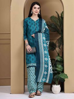 Rajnandini - Teal Green Cotton Blend Printed Kurta with Salwar and Dupatta