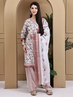 Rajnandini - White Cotton Blend Floral Printed Kurta with Salwar and Dupatta