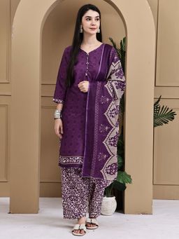 Rajnandini - Purple Cotton Blend Floral Printed Kurta with Salwar and Dupatta