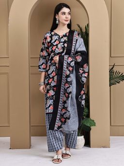 Rajnandini - Black Cotton Blend Floral Printed Kurta with Salwar and Dupatta