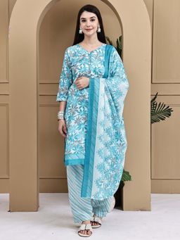 Rajnandini - Turquoise Cotton Blend Floral Printed Kurta with Salwar and Dupatta