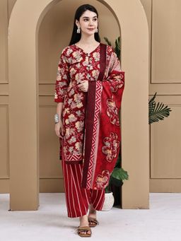 Rajnandini - Red Cotton Blend Floral Printed Kurta with Salwar and Dupatta
