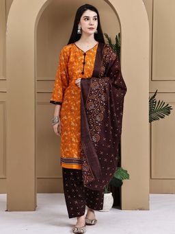 Rajnandini - Orange Cotton Blend Floral Printed Kurta with Salwar and Dupatta